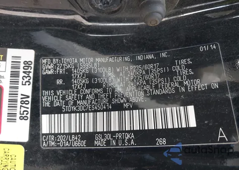 2014 Toyota Sienna Xle V6 8 Passenger from USA, damaged, VIN 5TDYK3DC7ES450414